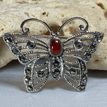 Load image into Gallery viewer, Butterfly Brooch in Solid Sterling Silver with natural agate  and marcasite stones. Butterfly jewelry

