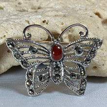 Load image into Gallery viewer, Butterfly Brooch in Solid Sterling Silver with natural agate  and marcasite stones. Butterfly jewelry
