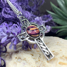 Load image into Gallery viewer, Celtic Cross Necklace, Celtic Jewelry, Scotland Jewelry, Anniversary Gift, Heather Gem, Mom Gift, Scotland Jewelry, Scotland Cross, Dad Gift
