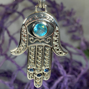 Hamsa Hand Necklace, Celtic Jewelry, Evil Eye Jewelry, Yoga Jewelry, Iolite Jewelry, Protection Jewelry, Hand Jewelry, Yoga Gift