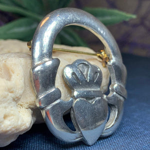 Traditional Irish Claddagh brooch symbolizing love, loyalty and friendship. Sterling silver Irish jewelry Celtic Crystal Designs