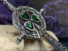 Load image into Gallery viewer, Shamrock Sword Kilt Pin, Celtic Jewelry, Irish Kilt Pin, Ireland Gift, Clover Jewelry, Fireman, Police, Ireland Brooch, Shamrock Brooch

