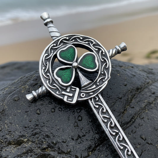 Shamrock Sword Kilt Pin, Celtic Jewelry, Irish Kilt Pin, Ireland Gift, Clover Jewelry, Fireman, Police, Ireland Brooch, Shamrock Brooch