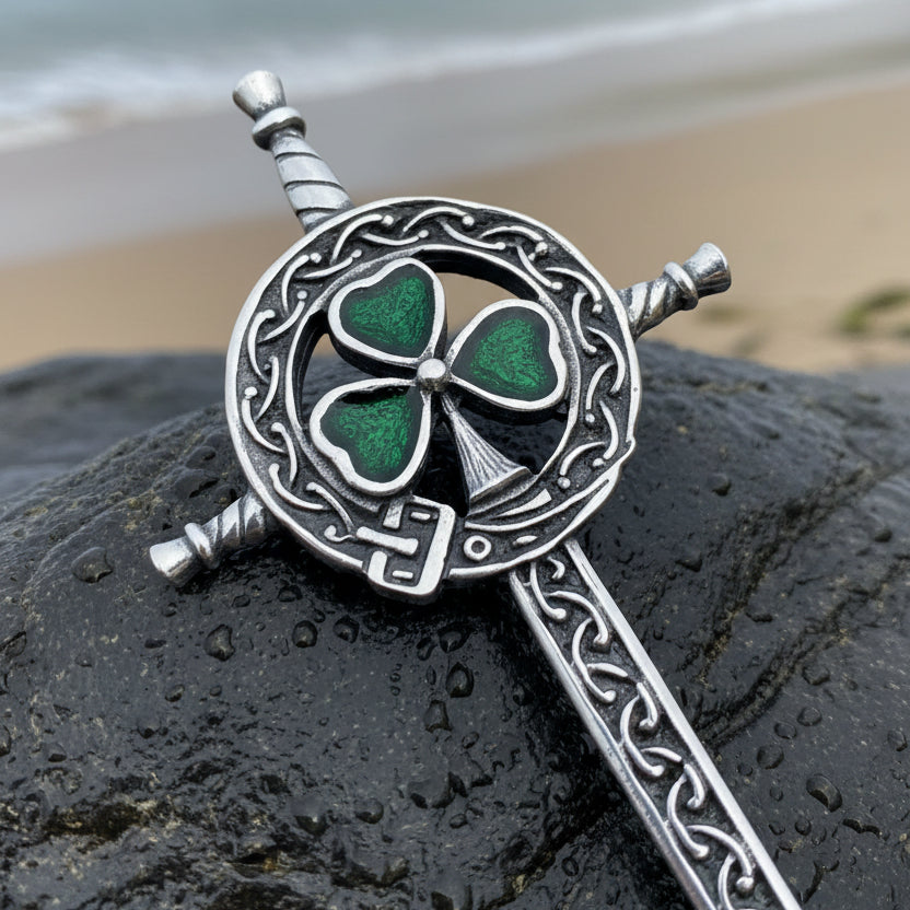 Shamrock Sword Kilt Pin, Celtic Jewelry, Irish Kilt Pin, Ireland Gift, Clover Jewelry, Fireman, Police, Ireland Brooch, Shamrock Brooch