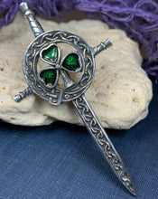 Load image into Gallery viewer, Shamrock Sword Kilt Pin, Celtic Jewelry, Irish Kilt Pin, Ireland Gift, Clover Jewelry, Fireman, Police, Ireland Brooch, Shamrock Brooch
