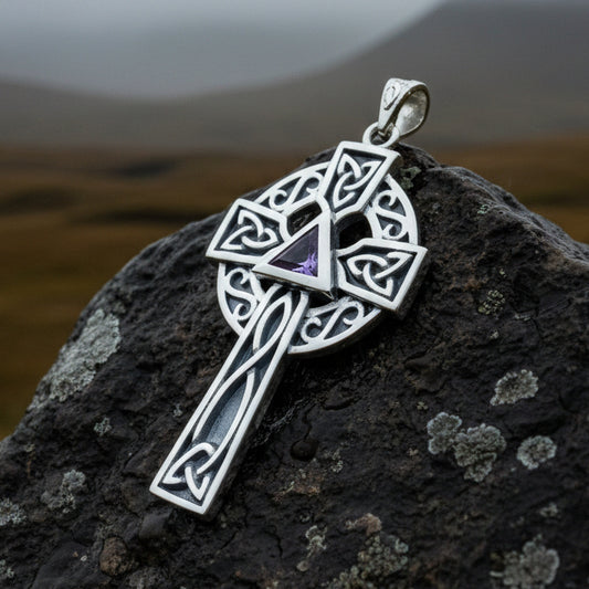 Celtic Cross Necklace, Scottish Pendant, Ireland Cross, Irish Jewelry, Large Celtic Cross, Religious Jewelry, Silver Cross Pendant, Garnet