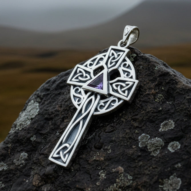 Celtic Cross Necklace, Scottish Pendant, Ireland Cross, Irish Jewelry, Large Celtic Cross, Religious Jewelry, Silver Cross Pendant, Garnet