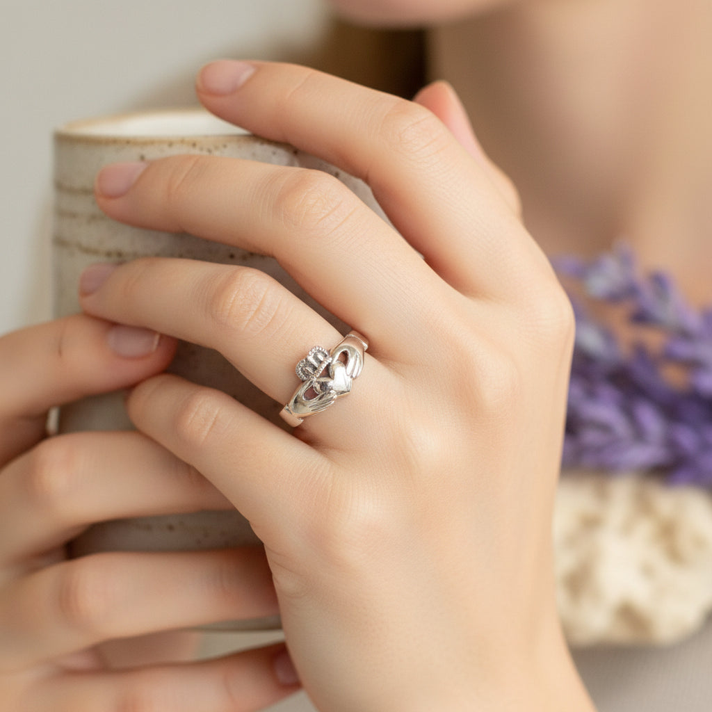 Traditional Irish Claddagh ring symbolizing love, loyalty and friendship. Sterling silver Irish jewelry Celtic Crystal Designs