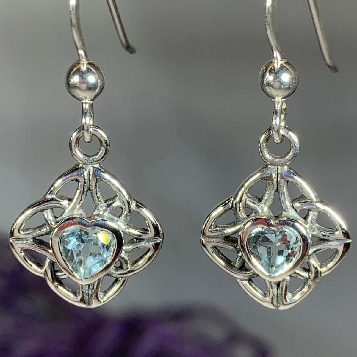 Heart Gemstone Celtic Trinity Knot Earrings in Sterling Silver — view 7