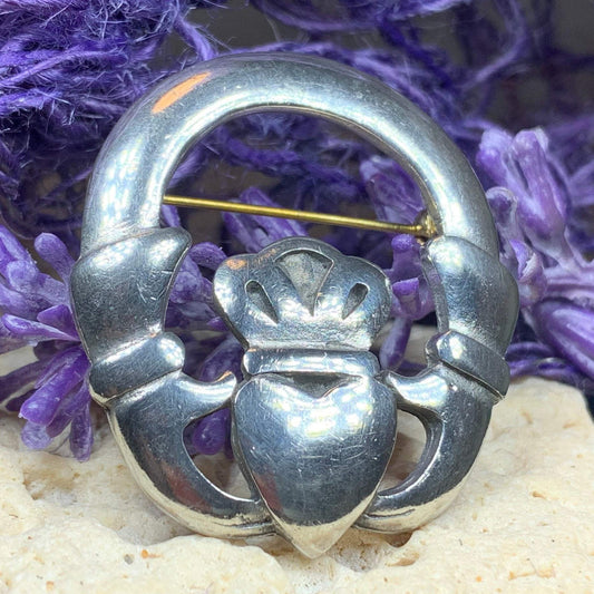 Traditional Irish Claddagh brooch symbolizing love, loyalty and friendship. Sterling silver Irish jewelry Celtic Crystal Designs