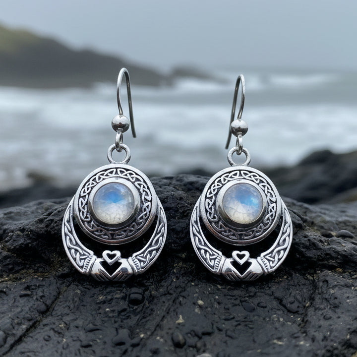 Claddagh Earrings, Celtic Jewelry, Irish Jewelry, Ireland Gift, Moonstone Jewelry, Mom Gift, Irish Dance Gift, Anniversary Gift, Wife Gift