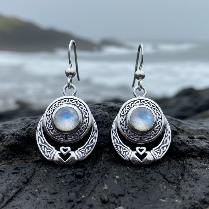 Claddagh Earrings, Celtic Jewelry, Irish Jewelry, Ireland Gift, Moonstone Jewelry, Mom Gift, Irish Dance Gift, Anniversary Gift, Wife Gift
