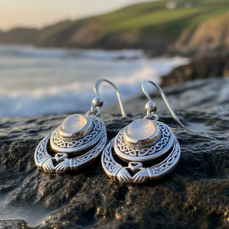 Claddagh Earrings, Celtic Jewelry, Irish Jewelry, Ireland Gift, Moonstone Jewelry, Mom Gift, Irish Dance Gift, Anniversary Gift, Wife Gift