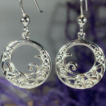 Load image into Gallery viewer, Celtic Dangle Earrings. Solid sterling silver trinity knot earrings with cubic zirconia stones. Irish jewelry. Pagan jewelry.
