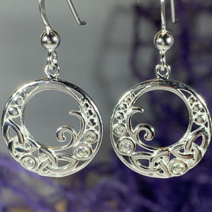 Celtic Dangle Earrings. Solid sterling silver trinity knot earrings with cubic zirconia stones. Irish jewelry. Pagan jewelry.