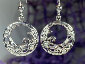 Celtic Dangle Earrings. Solid sterling silver trinity knot earrings with cubic zirconia stones. Irish jewelry. Pagan jewelry.