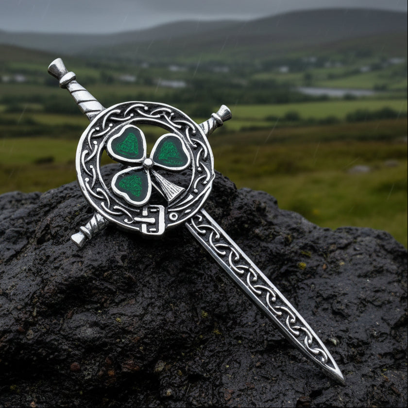 Shamrock Sword Kilt Pin, Celtic Jewelry, Irish Kilt Pin, Ireland Gift, Clover Jewelry, Fireman, Police, Ireland Brooch, Shamrock Brooch