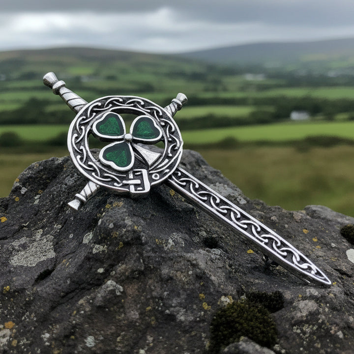 Shamrock Sword Kilt Pin, Celtic Jewelry, Irish Kilt Pin, Ireland Gift, Clover Jewelry, Fireman, Police, Ireland Brooch, Shamrock Brooch