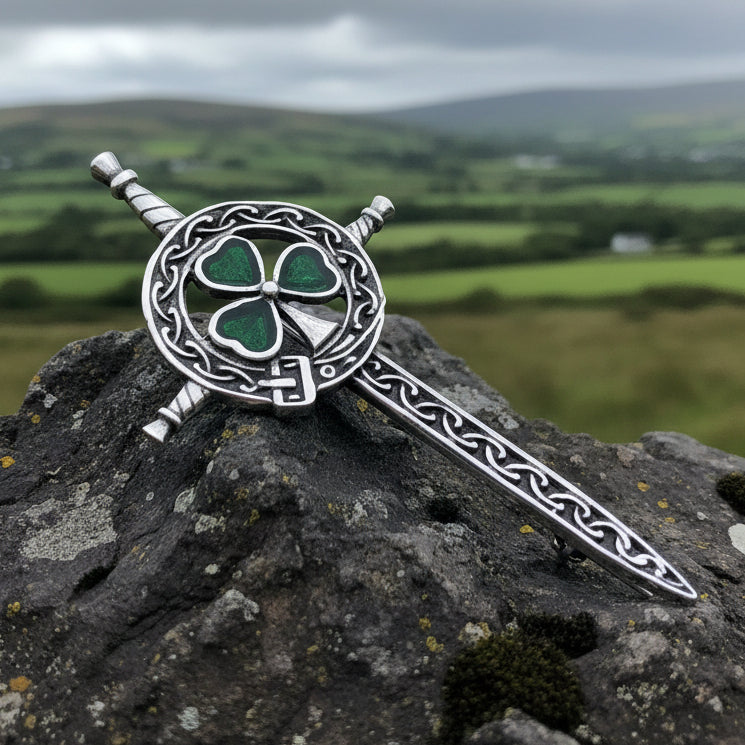 Shamrock Sword Kilt Pin, Celtic Jewelry, Irish Kilt Pin, Ireland Gift, Clover Jewelry, Fireman, Police, Ireland Brooch, Shamrock Brooch