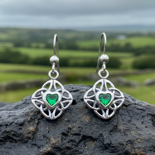 Heart Gemstone Celtic Trinity Knot Earrings in Sterling Silver