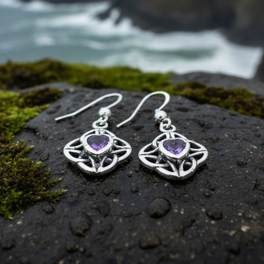 Heart Gemstone Celtic Trinity Knot Earrings in Sterling Silver — view 4