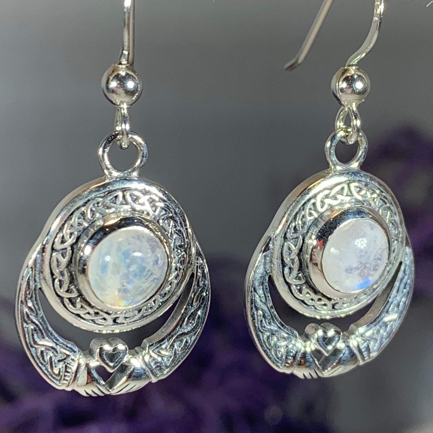 Tess Irish Claddagh Moonstone Earrings in Sterling Silver — view 6