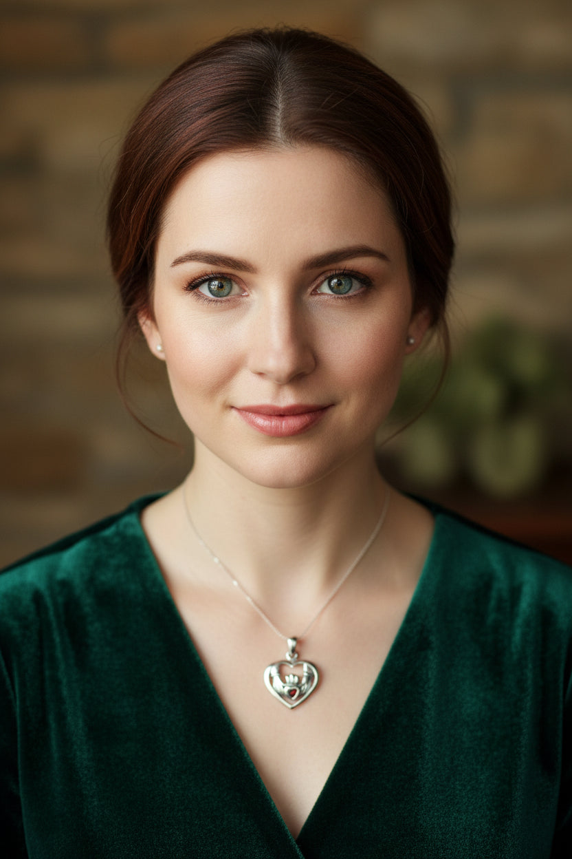 Traditional Irish Claddagh necklace symbolizing love, loyalty and friendship. Sterling silver Irish jewelry Celtic Crystal Designs