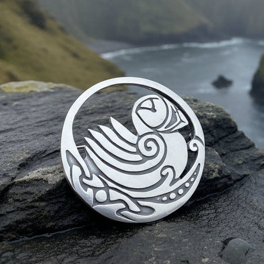 Orkney Celtic Puffin Brooch - Handmade in Scotland in silver