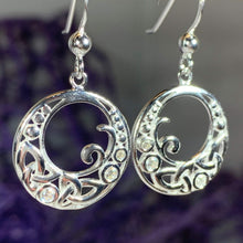 Load image into Gallery viewer, Celtic Dangle Earrings. Solid sterling silver trinity knot earrings with cubic zirconia stones. Irish jewelry. Pagan jewelry.
