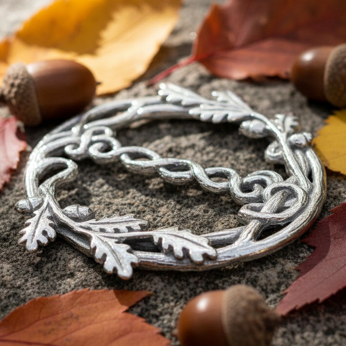 Pewter Oak Leaf & Acorn Scarf Ring - Handmade in England — view 7