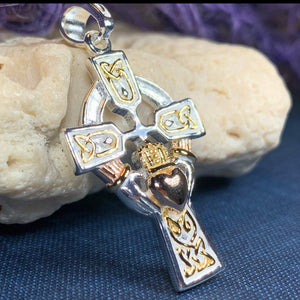 Tri-Color Claddagh Cross Necklace