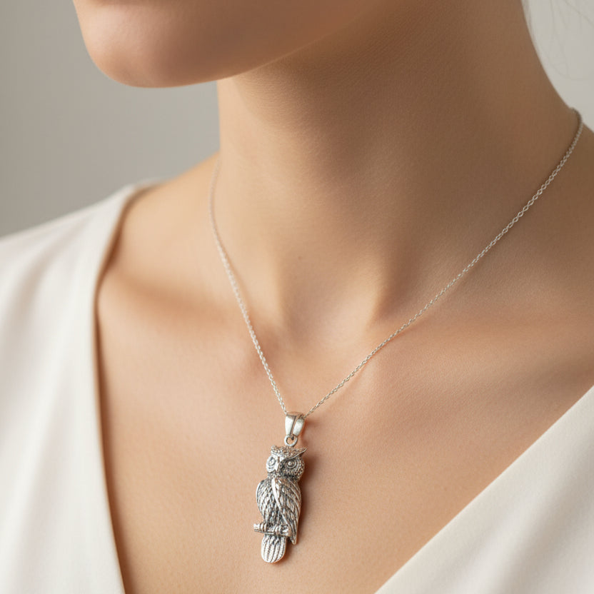 Watchful Owl Necklace in Sterling Silver