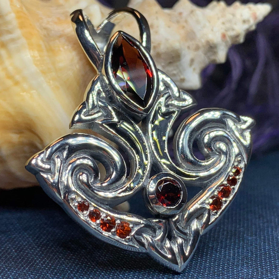 Eternal Flame Trinity Knot Garnet Necklace in Sterling Silver