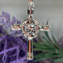 Load image into Gallery viewer, Traditional Irish Claddagh Cross symbolizing love, loyalty and friendship. Sterling silver Irish jewelry Celtic Crystal Designs

