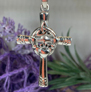 Traditional Irish Claddagh Cross symbolizing love, loyalty and friendship. Sterling silver Irish jewelry Celtic Crystal Designs