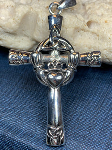 Traditional Irish Claddagh Cross symbolizing love, loyalty and friendship. Sterling silver Irish jewelry Celtic Crystal Designs