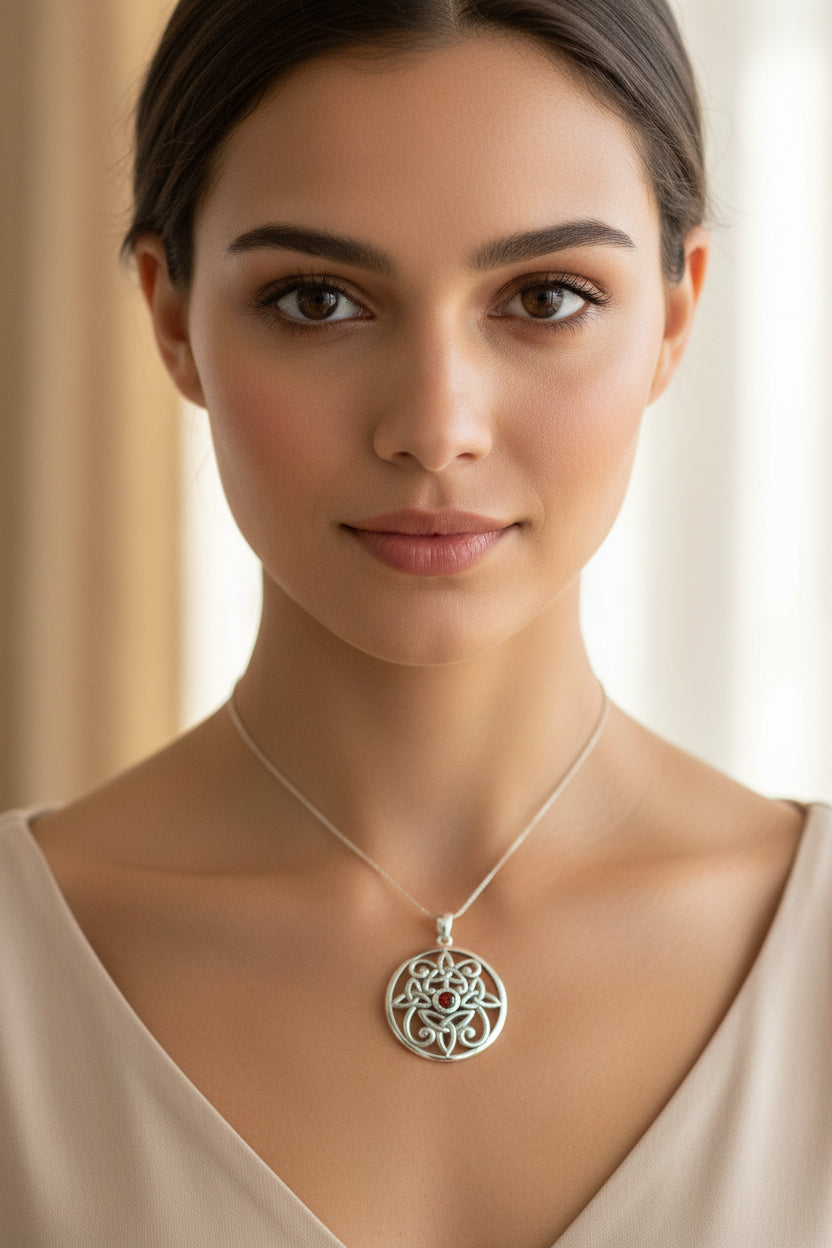Oifa Trinity Knot Garnet Necklace in Sterling Silver