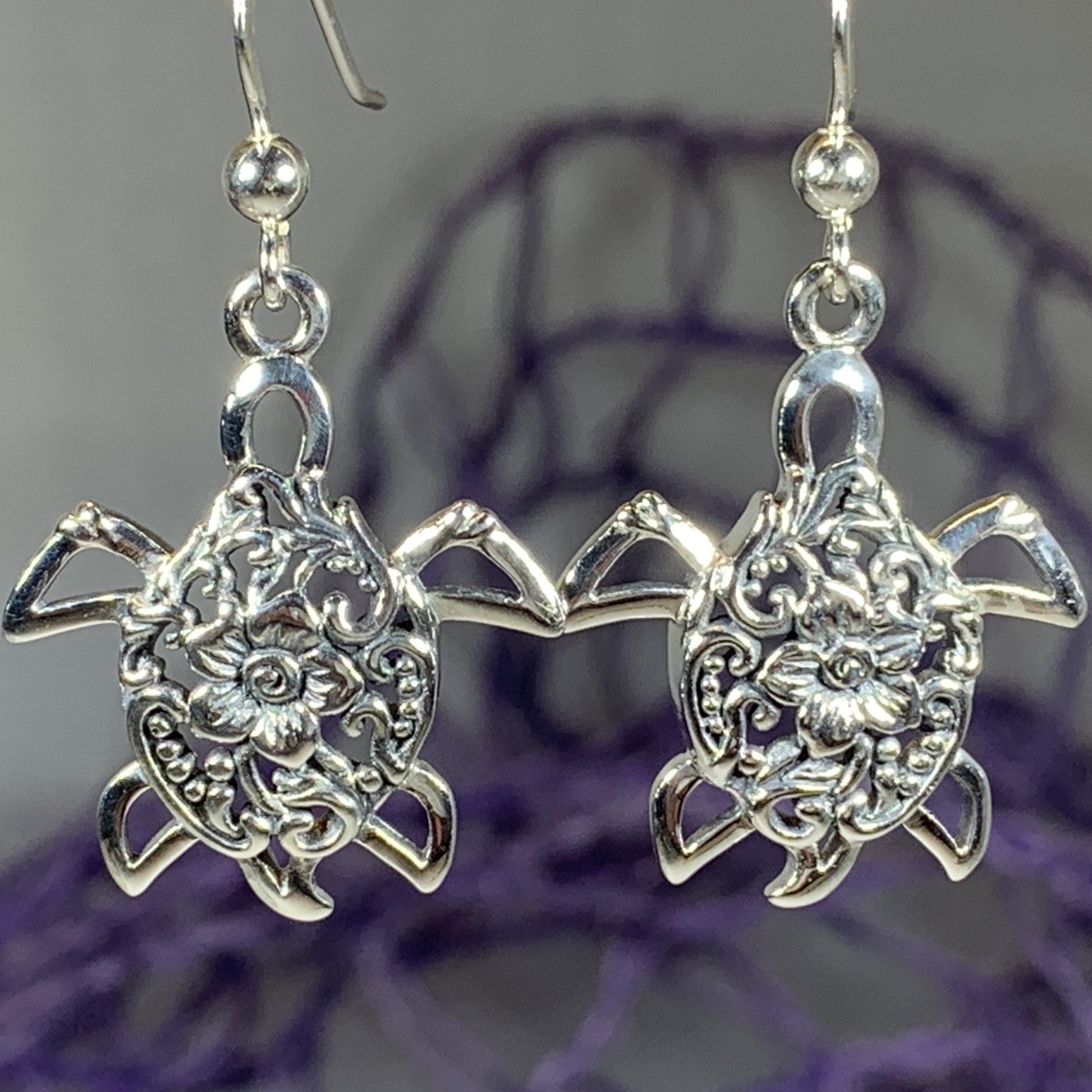 Boho Turtle Flower Earrings in Sterling Silver — view 2