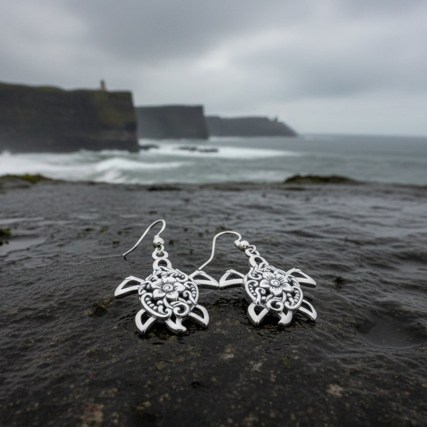 Boho Turtle Flower Earrings in Sterling Silver — view 5