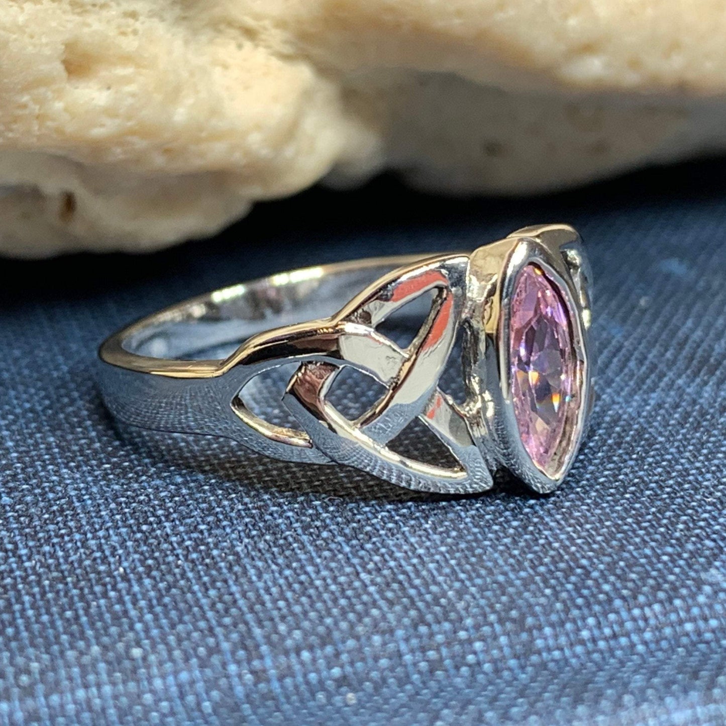 Pink Celtic Trinity Knot Ring in Sterling Silver — view 8