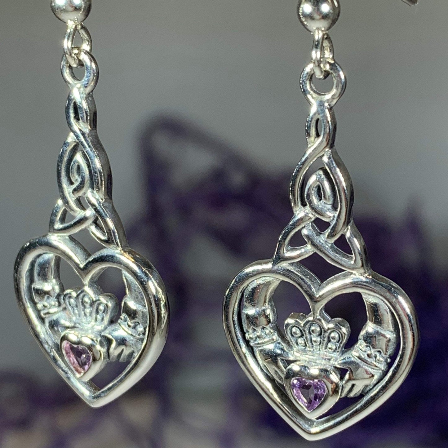 Traditional Irish Claddagh earrings symbolizing love, loyalty and friendship. Sterling silver Irish jewelry Celtic Crystal Designs