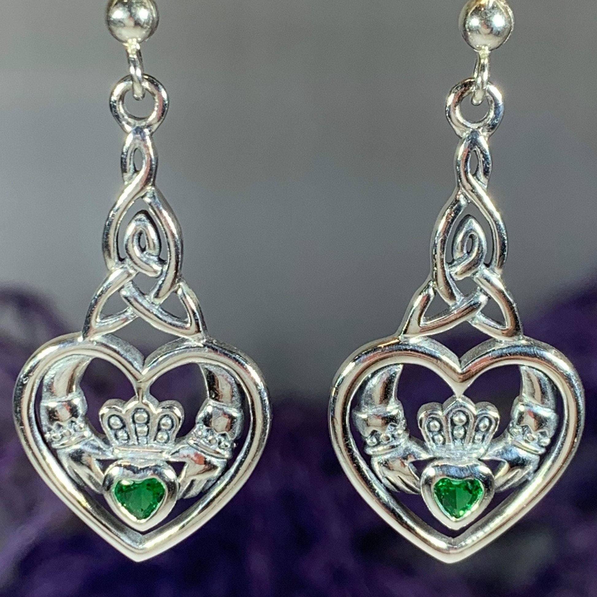 Traditional Irish Claddagh earrings symbolizing love, loyalty and friendship. Sterling silver Irish jewelry Celtic Crystal Designs