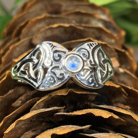 Load image into Gallery viewer, Celtic Triple Moon Ring with Moonstone
