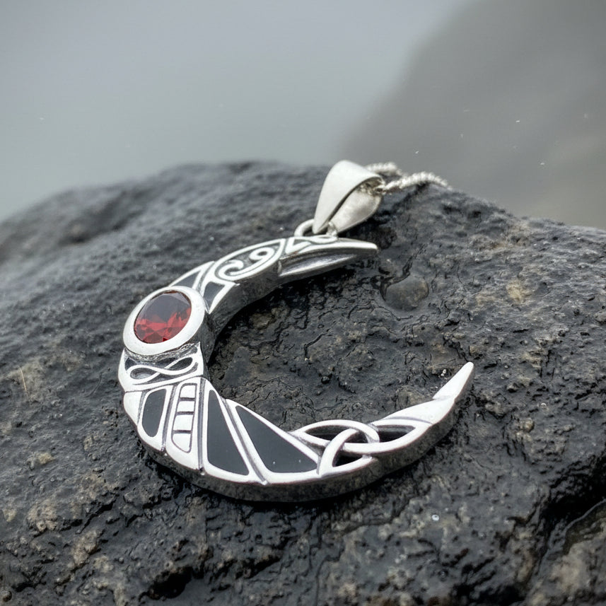 Aulay Celtic Raven Moon Necklace in Sterling Silver