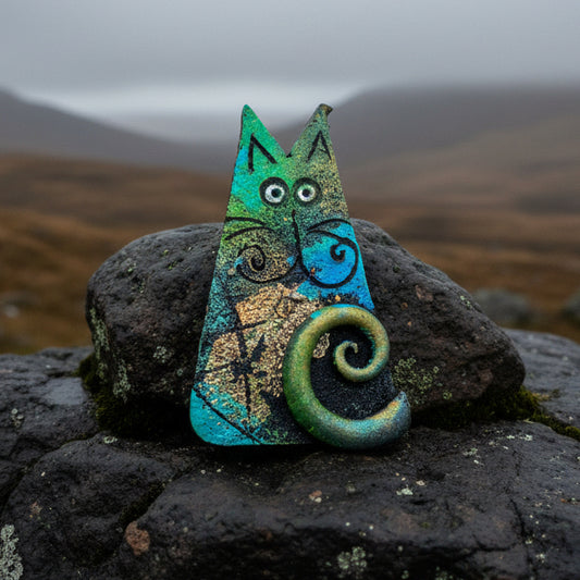 Whimsical Sitting Cat Brooch - Handmade in Scotland
