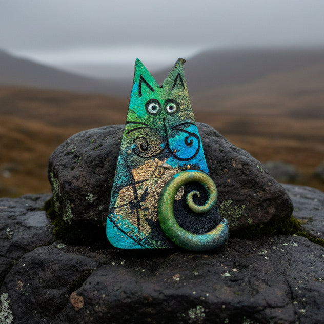 Whimsical Sitting Cat Brooch - Handmade in Scotland