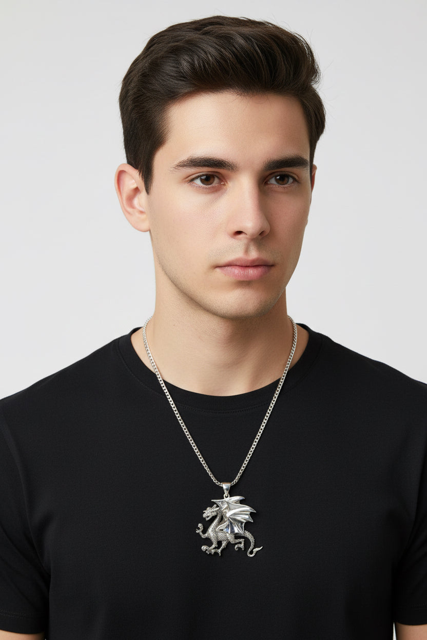 3-D Gothic Dragon Necklace in Sterling Silver