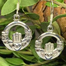 Load image into Gallery viewer, Traditional Irish Claddagh earrings symbolizing love, loyalty and friendship. Sterling silver Irish jewelry Celtic Crystal Designs
