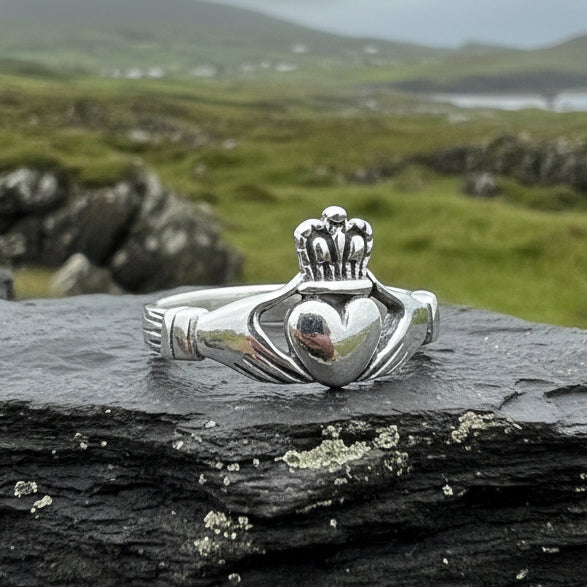 Traditional Irish Claddagh ring symbolizing love, loyalty and friendship. Sterling silver Irish jewelry Celtic Crystal Designs