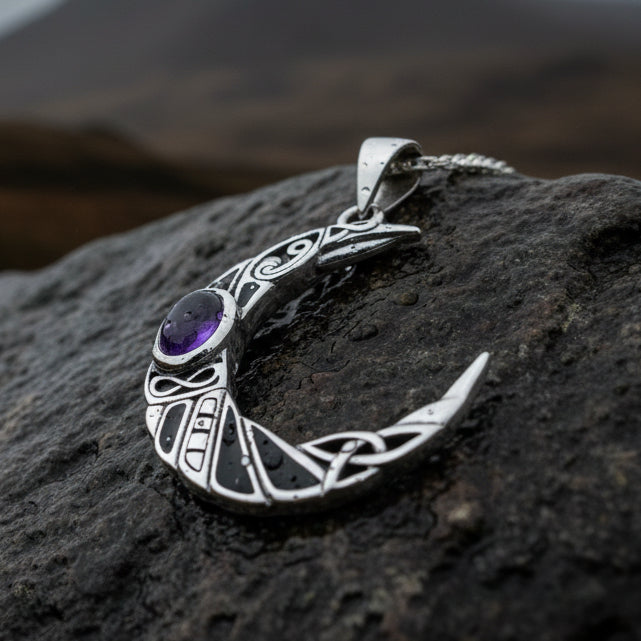 Aulay Celtic Raven Moon Necklace in Sterling Silver — view 3